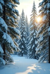 Aufkleber - The snow is shining and the forest is green under the sun in this winter forest landscape between a white snowy pine tree and a soft green background