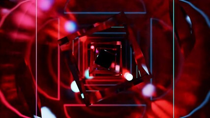Wall Mural - Abstract background 3D animation moving through shiny glass metal and neon lights tunnel, loop