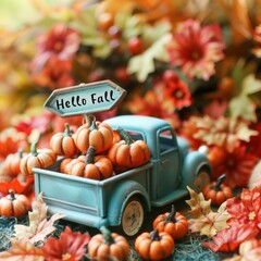 Canvas Print - A blue truck full of pumpkins. AI.