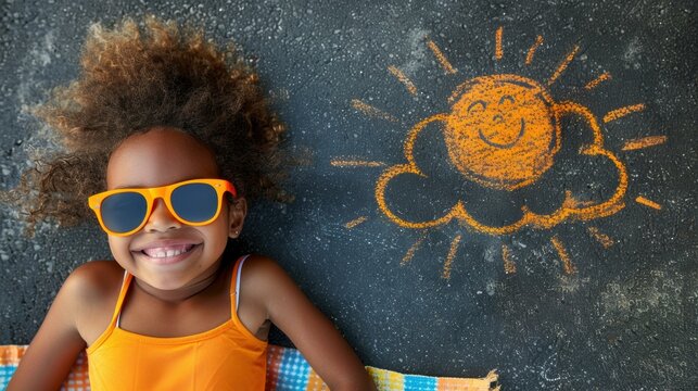 Pavement art of a smiling sun behind a cloud next to a smiling girl wearing sunglasses. AI.
