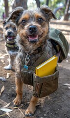 Canvas Print - A small dog wearing a backpack with a book in the pocket. AI.