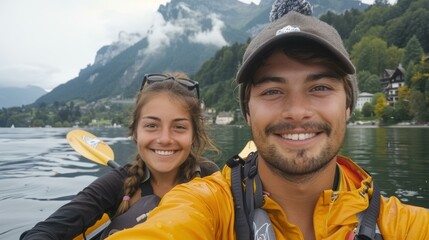 Poster - Young couple kayaking in a lake with beautiful mountain scenery. AI.