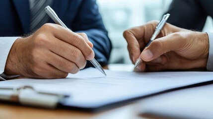 Two businesspeople exchanging documents in a formal negotiation setting, contract signing, finalizing an agreement