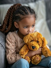 Poster - A young girl holds her stuffed animal close. AI.