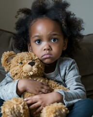 Sticker - A young girl holds her toy bear close. AI.