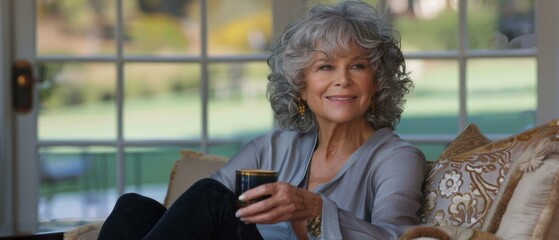 Wall Mural - Portrait of a smiling mature woman with gray hair, sitting on a couch and holding a cup. AI.