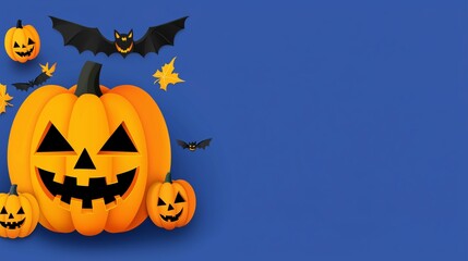 Halloween design template with pumpkins and bats isolated on blue background with copy space