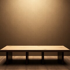 Empty wooden table with a brown wall background.