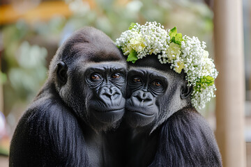 Wall Mural - Two gorillas with a floral crown, showcasing a moment of affection and connection.