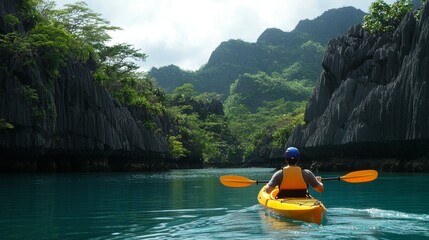 Discover the stunning scenery of Coron and El Nido, Palawan, Philippines while kayaking through crystal-clear lagoon waters surrounded by towering limestone cliffs.