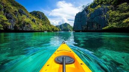 Wall Mural - Discover the stunning scenery of Coron and El Nido, Palawan, Philippines while kayaking through crystal-clear lagoon waters surrounded by towering limestone cliffs.