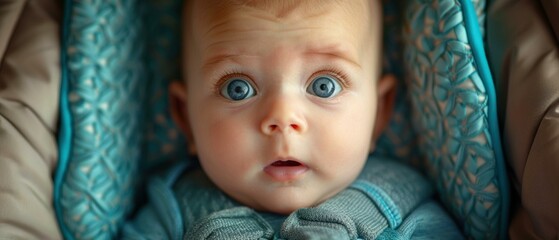 Sticker - A baby with big blue eyes looks surprised. AI.