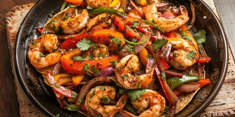 Sticker - Top view of a plate of shrimp fajitas