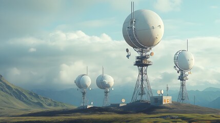 Poster - Mountain Signal Towers with Satellite Dishes Linking Isolated Communities to Global Networks