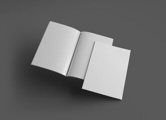 Sticker - Isolated magazine cover and open magazine Mockup on grey background with soft shadows. 3D rendering