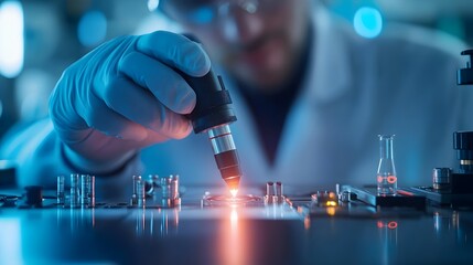 Poster - Scientist s Hand Adjusting Optical Components with Bright Laser Beam in Laboratory