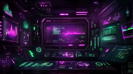 Aufkleber - Futuristic Control Room with Glowing Interfaces and Data Displays