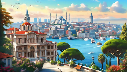 Wall Mural - Stunning view of Galatasaray University in Istanbul by the Bosphorus Strait