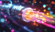 © GreenOptix - Close-up of an industrial optical fiber cable, vibrant light beams emanating from its core, fast data transfer between distant points in real-time