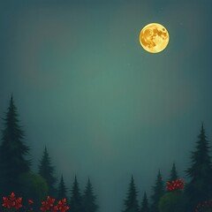 Poster - Full moon shines over a misty forest.