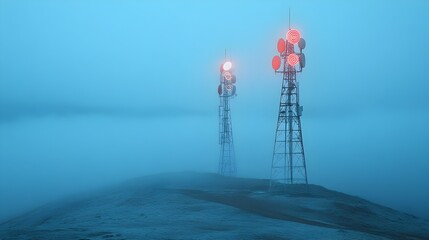 Poster - Signal Towers Emerging from Fog Covered Valley Illustrating Connectivity in Remote Areas