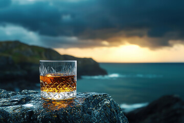 Wall Mural - glass of expensive whiskey shines on an ornate stone against the dark brooding light shafts in a Scottish coastline backdrop, geometry inspired 