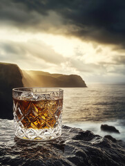 Wall Mural - glass of expensive whiskey shines on an ornate stone against the dark brooding light shafts in a Scottish coastline backdrop, geometry inspired 