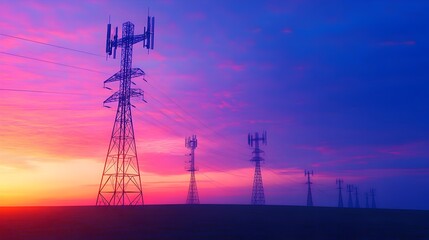 Poster - Silhouetted Mobile Signal Towers Transmitting Across Rural Landscape at Sunset