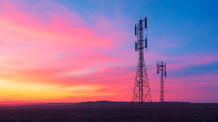 Poster - Silhouetted Telecommunication Towers Transmitting Signals Across Rural Landscape at Sunset