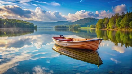 Naklejka na meble Boat peacefully floating on calm lake , water, peaceful, tranquil, serene, relaxation, leisure, recreation, boating