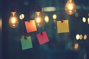 Colorful notes illuminated by hanging light bulbs.