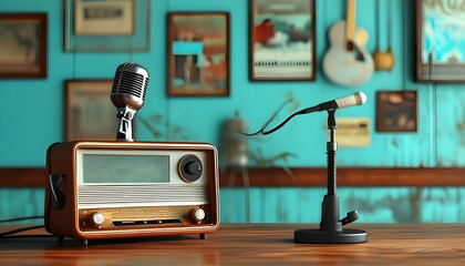 Aquamarine Retro Broadcast Setup with Music Table and Classic News Microphone Against a Stylish Wall