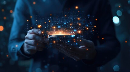 Person holding a smartphone with glowing digital network lines and data coming out of it.