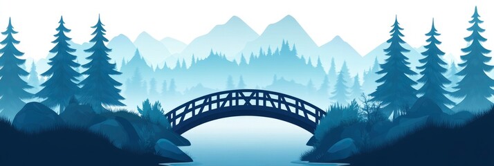 A bridge spans a river in a beautiful mountain landscape