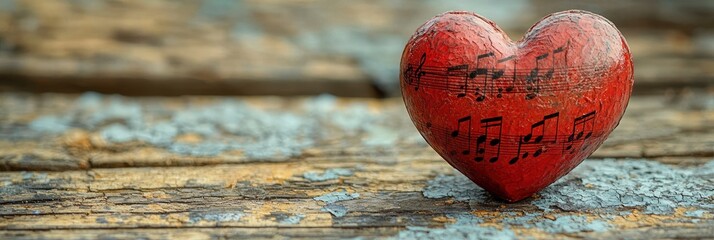 Red Heart with Musical Notes on Wooden Background