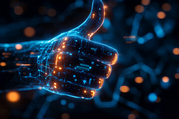 A glowing, digital hand gives a thumbs-up in a futuristic, tech-inspired environment.