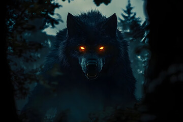 werewolf in the dark with glowing eyes in front of trees