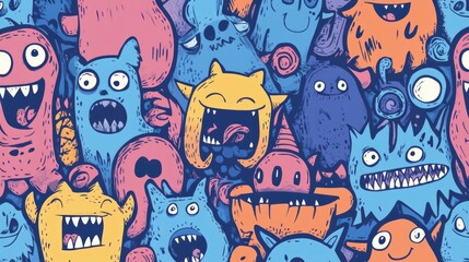 Wall Mural - Adorable Doodle Monsters in a Seamless Vector Pattern for Design