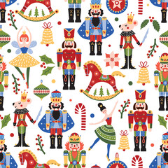 Cute Christmas vector seamless Nutcracker pattern. Can be used for wallpaper, pattern fills, web page background, surface textures.