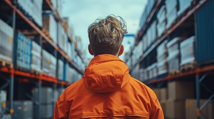 Poster - A worker from warehouse with orange jacket is watching towards the horizon. Generative AI.