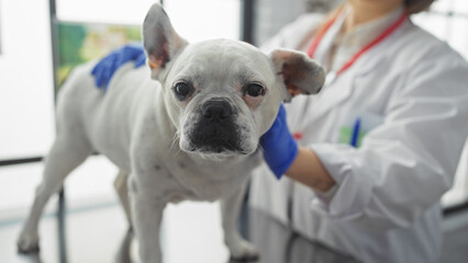 Poster - A young woman vet examines a pet canine in a clinic, focusing on the dog's health and well-being in a professional indoor workplace environment.