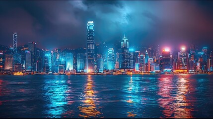 Aufkleber - The city skyline at night is amazing, with brightly lit buildings and skyscrapers. Generative AI.