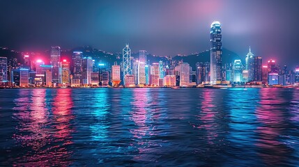 Aufkleber - The city skyline at night is amazing, with brightly lit buildings and skyscrapers. Generative AI.