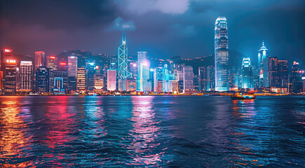 Aufkleber - The city skyline at night is amazing, with brightly lit buildings and skyscrapers. Generative AI.