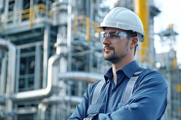 engineer in a construction outfit, confidently overlooking an industrial site. The background features a sprawling factory with sharp metallic details and towering structures