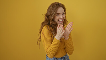 Canvas Print - A young blonde woman is clapping and smiling joyfully against an isolated yellow background wall.