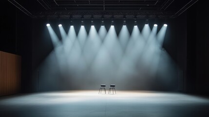 A dramatic stage setup with two chairs illuminated by soft spotlighting, creating an inviting atmosphere for performances.