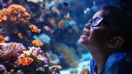 A young boy with excitement, wearing glasses, observing beautiful marine life in a big aquarium tank with colorful coral and tropical fish