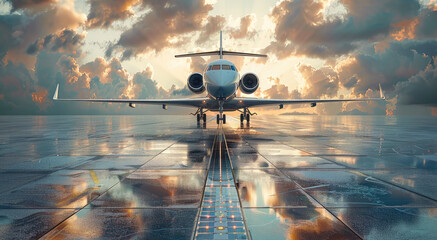 Poster - Luxurious plane taking off on a glass mosaic runway. Generative AI.