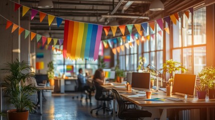 Wall Mural - The office is filled with colorful decorations, including rainbow banners. Employees engage at their desks, illuminated by warm sunlight streaming through large windows